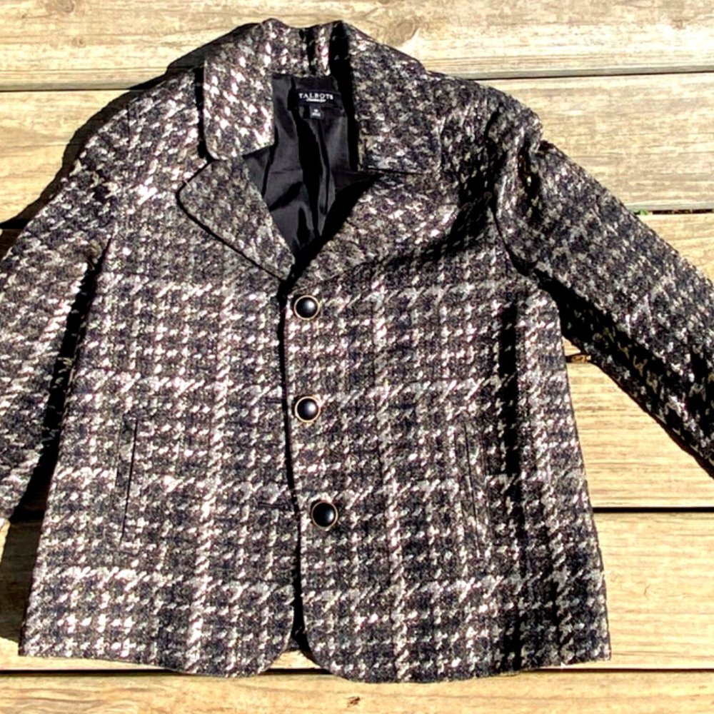 Talbots Size 10 Black Metallic Gold Houndstooth Tweed Button Swing Blazer Jacket - Picture 3 of 8